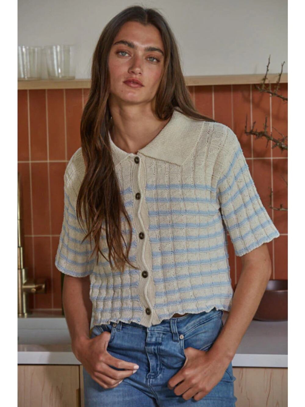 By Together Polo Short Sleeve Cardigan Sweater Womens Size L Cream Blue Striped